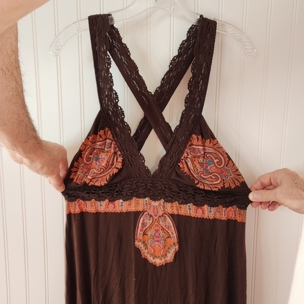 Free People espresso cotton criss cross straps w/ paisley print. - Picture 1 of 10